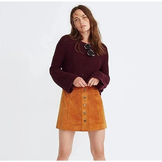 Madewell Velvet Suede A-Line Mini Skirt 25” Sz 2 Golden Brown Button Down Retro