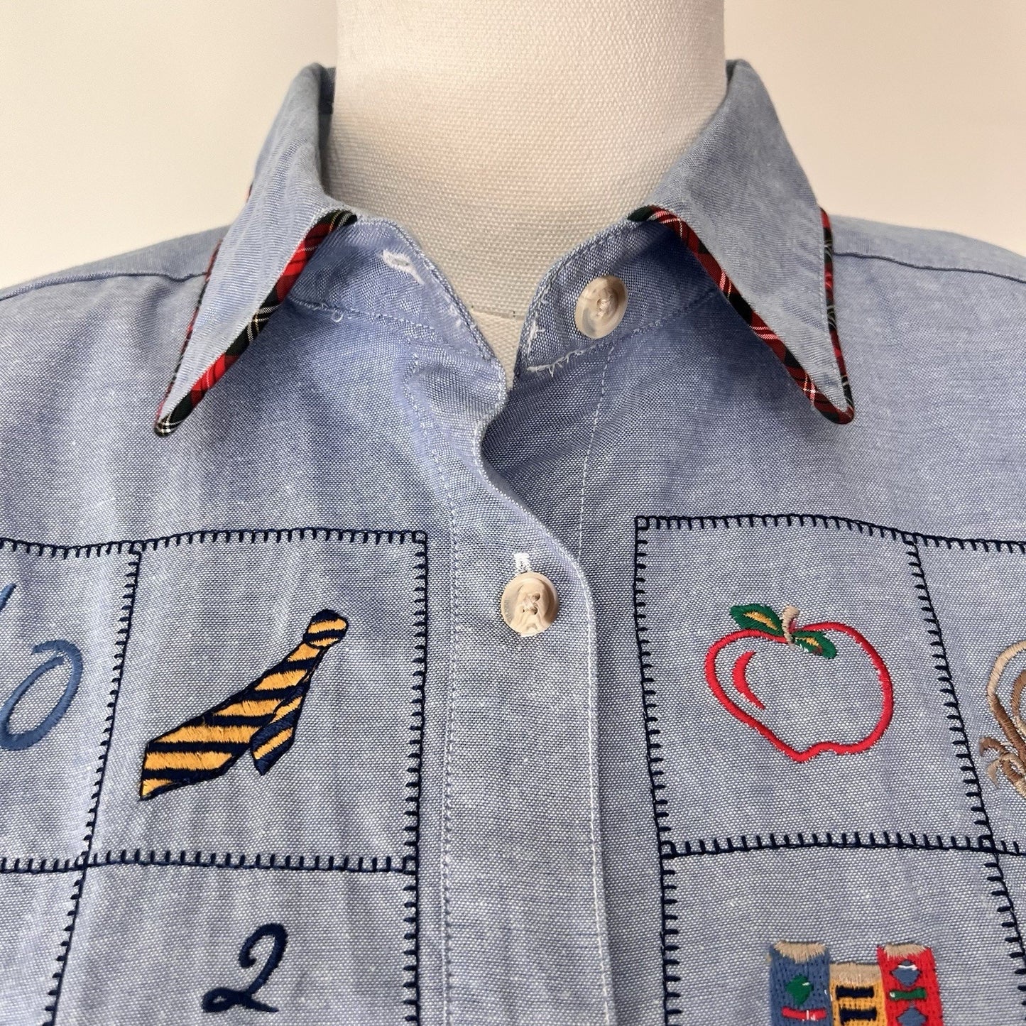 Signature by Northern Isles Teacher Button Up Shirt Chambray Kitsch Embroidered