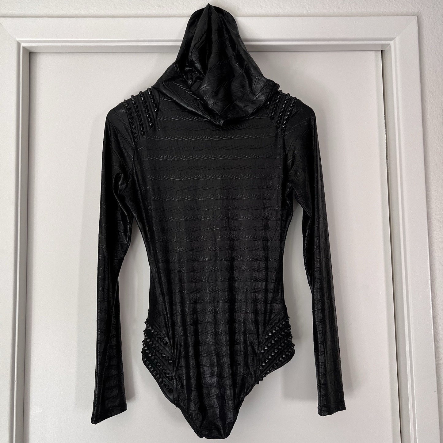 L.A. Roxx S/M Bodysuit Faux Black Leather Spike Studs Zip Up Hood Long Sleeve