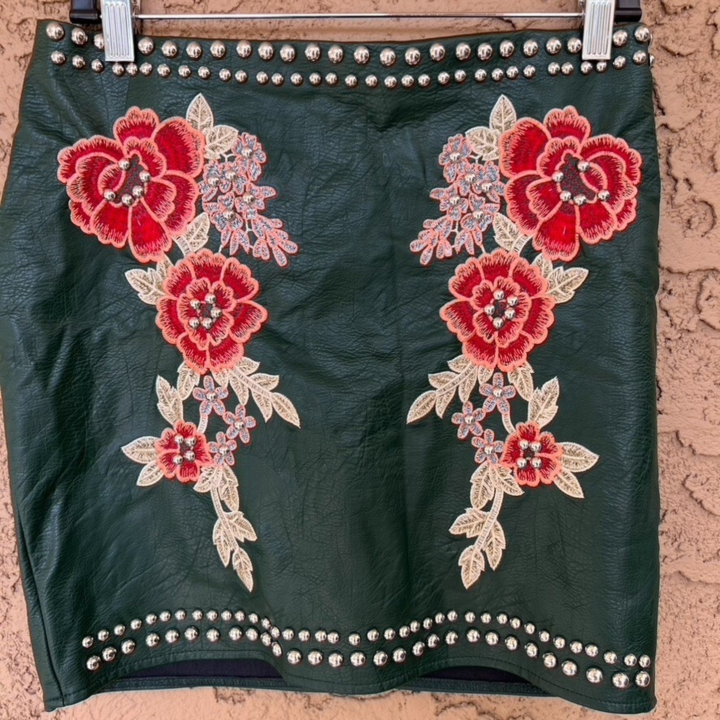 Romeo & Juliet Couture Y2K Vegan Leather Floral Embroidered Festival MiniSkirt