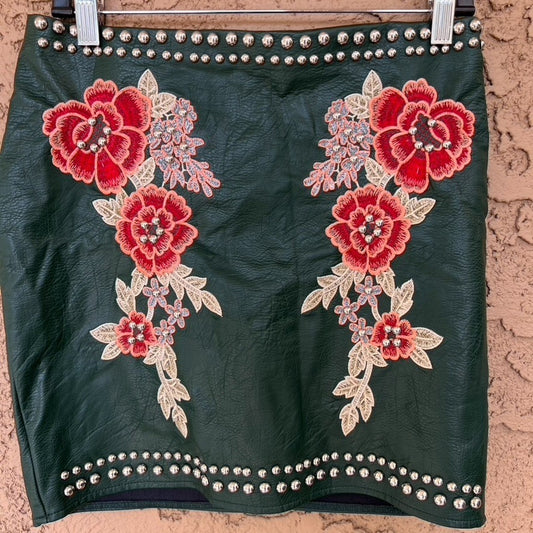 Romeo & Juliet Couture Y2K Vegan Leather Floral Embroidered Festival MiniSkirt