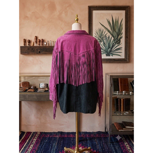 Vintage Bob Mackie Wearable Art Suede Fringe Jacket Purple Black Western Size 2X