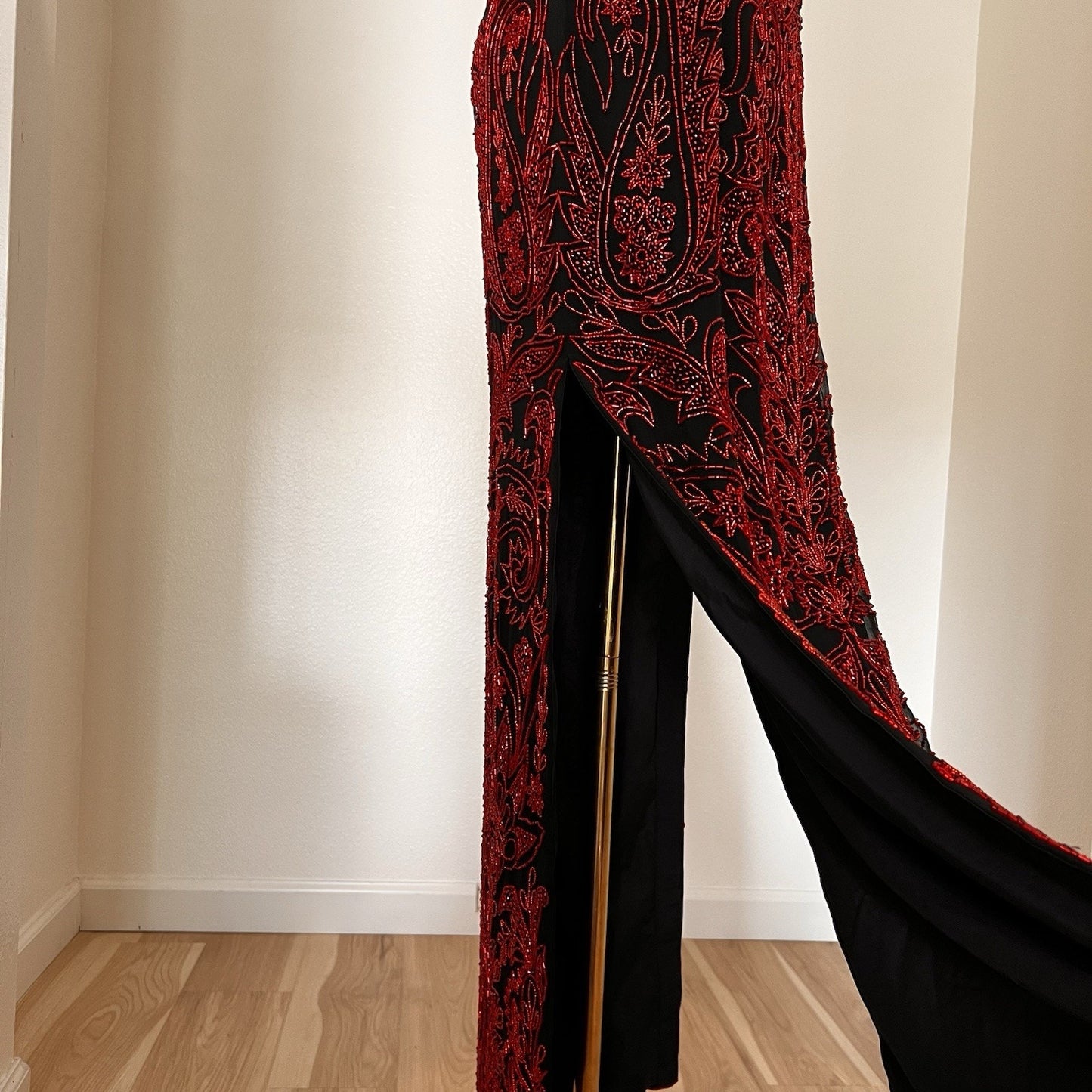 XS Cache Silk Black Red Beaded Dress Vamp Y2K Dramatic Goth Witchy Glam Luxe 90s