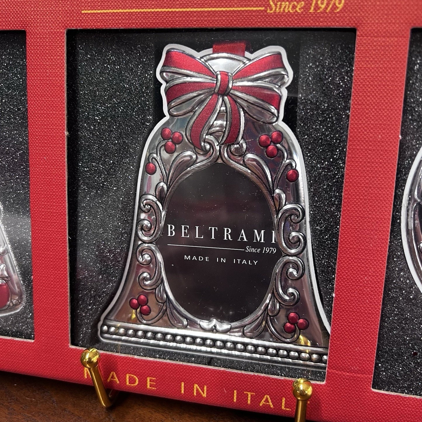3 Beltrami Ornaments Photo Picture Frames Christmas Silver Red Tree Bell Wreath