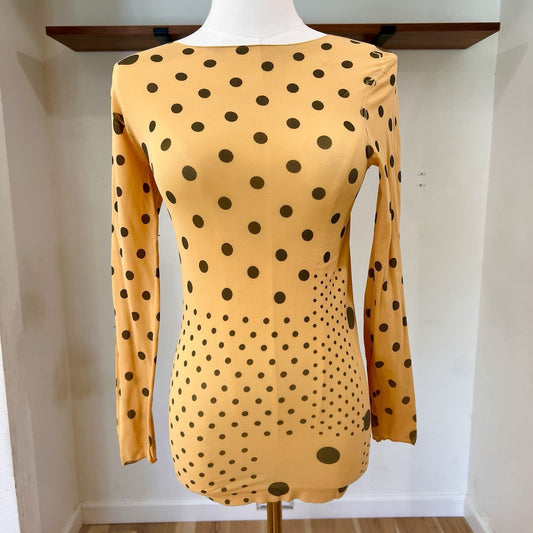 AMB Yellow Grunge Polka Dot Raw Edge Second Skin Top Layering SemiSheer One Size