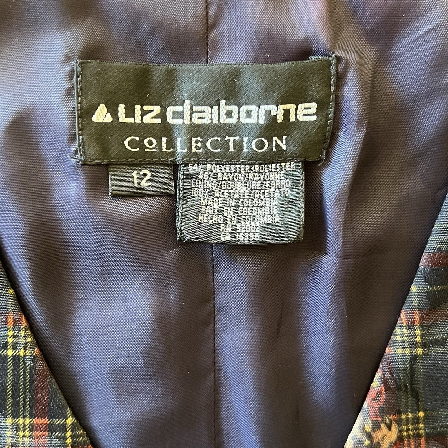 90’s LIZ CLAIBORNE Vest 12 Horse Pheasant Hunting Dog Navy Plaid Button Up
