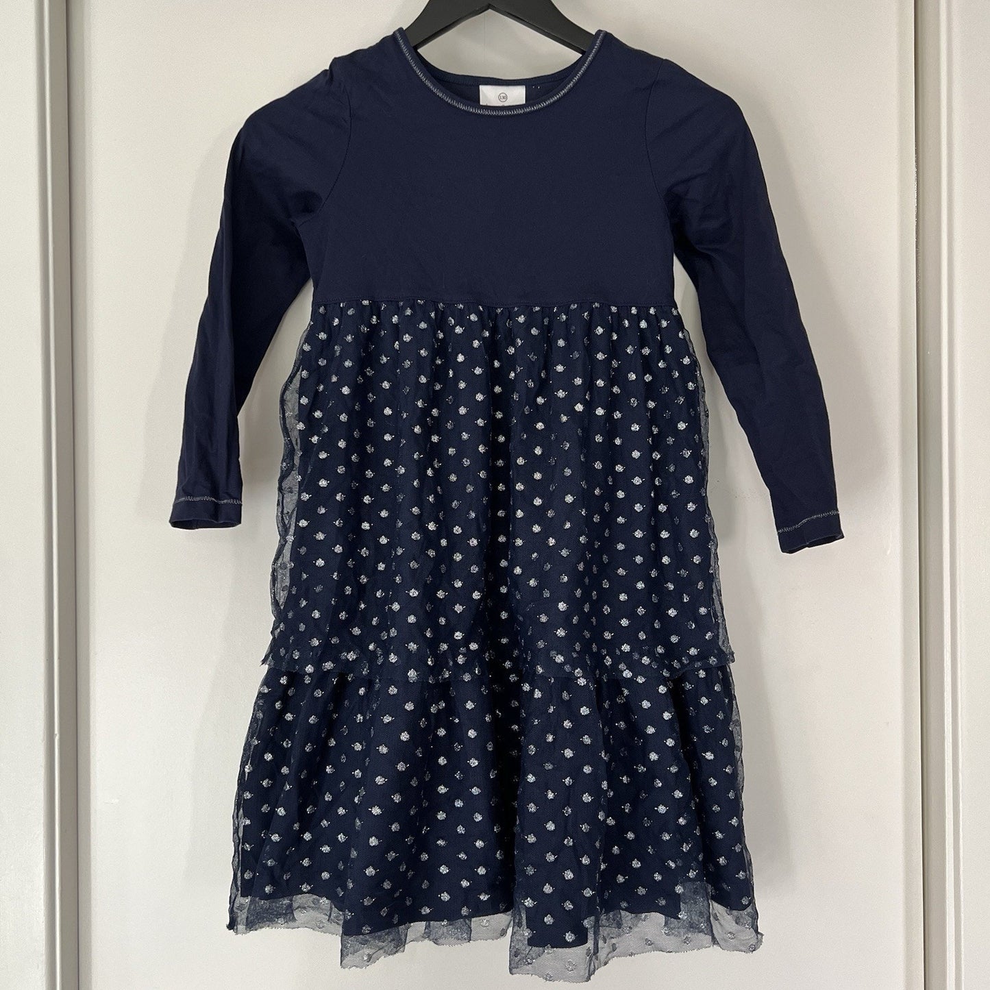 Hanna Andersson Navy Blue Silver Tulle Long Sleeve Dress Sz 8 Sparkle Holiday