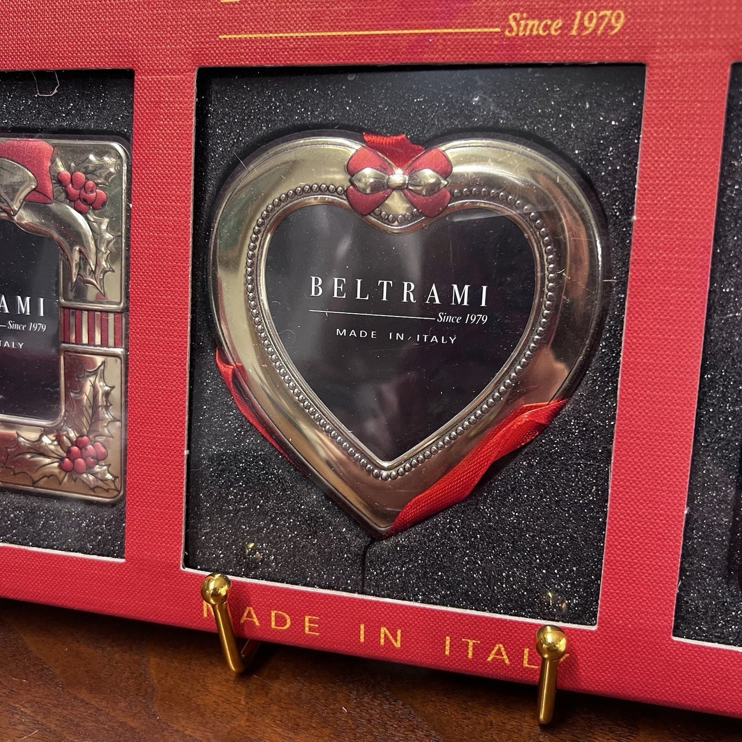3 Beltrami Ornaments Gold Red Photo Picture Frames Christmas Gift Present Heart