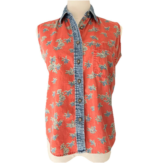 Hunt Club (S) Sleeveless Button Up Women Denim Red Floral Rodeo Western Festival