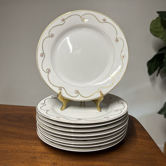 Set Of 9 Pier 1 Holiday Scroll Salad Plates 7.5” Gold Ribbon Red Christmas