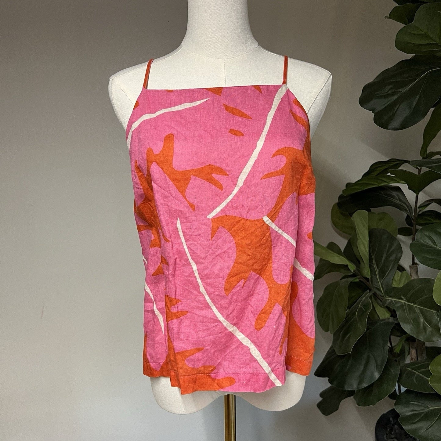 $198 Trovata Birds of Paradis Linen Square Neck Tank (S) Pink Orange Tropical