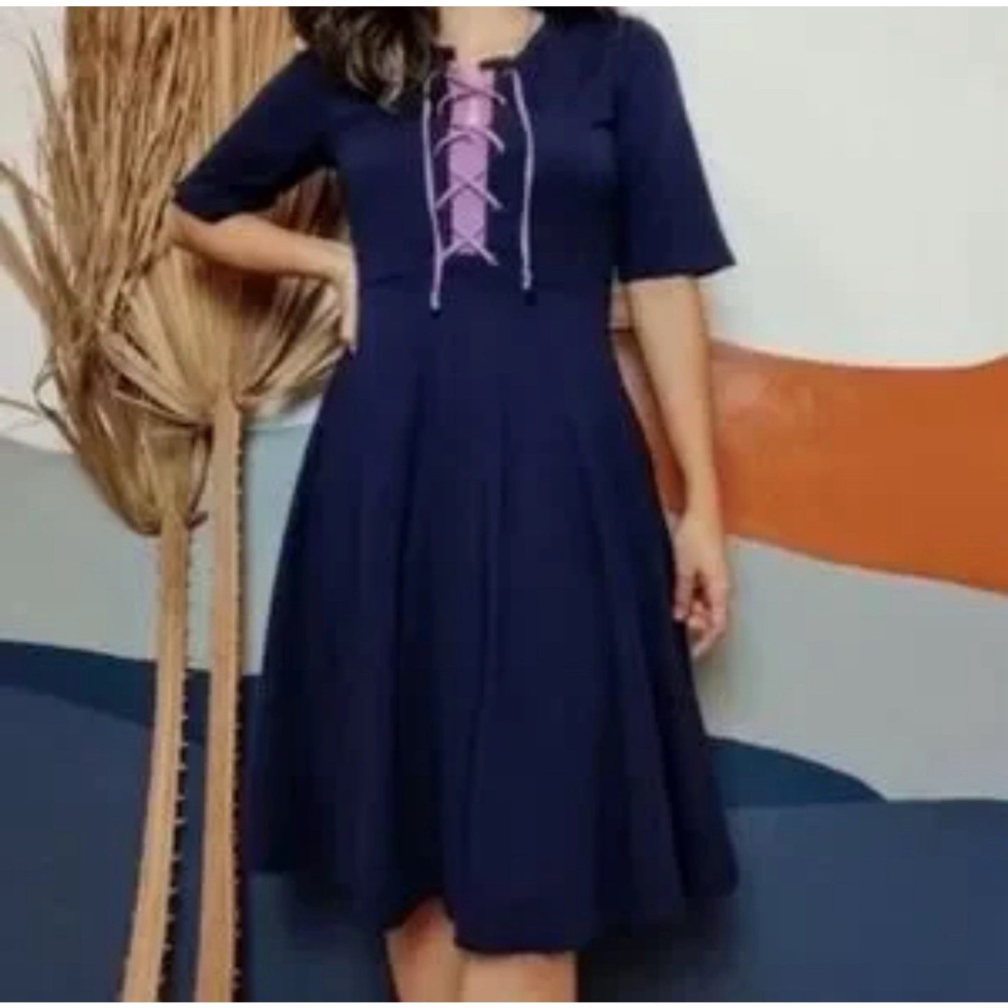 Anthropologie Maeve Dress XS Renaissance Lace Up Coquette Jersey Fit Flare Navy