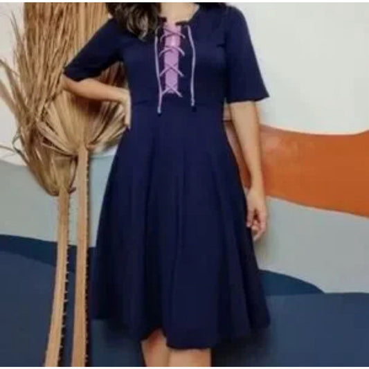 Anthropologie Maeve Dress XS Renaissance Lace Up Coquette Jersey Fit Flare Navy
