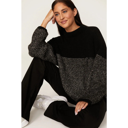 Varley Darwell Mock Neck Sweater (M) Black/Grey Oversized Knit Slouchy Cozy