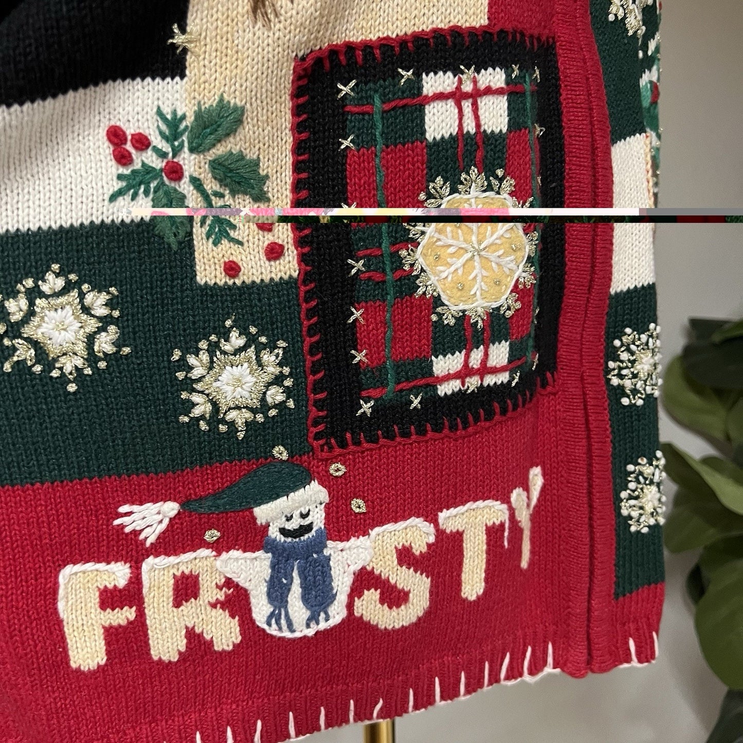 90s Ugly Christmas Sweater (L) Full Zip Knit Embroidered Snowman Tiara Int.