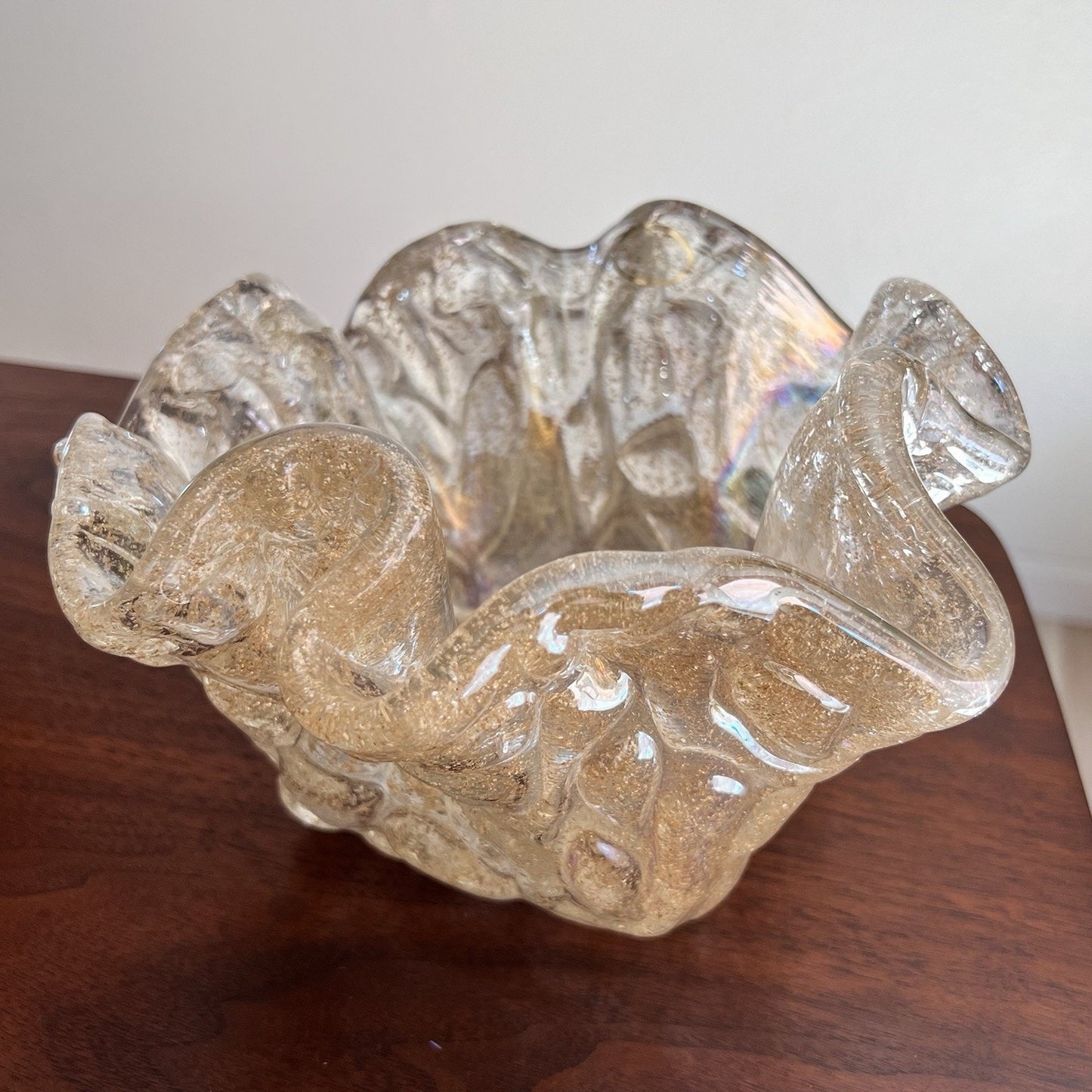 Murano Bowl Lavorazione Arte Iridescent Handkerchief 5.5x9 Gold Fleck MCM