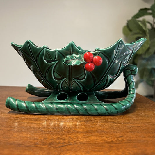 Lefton Holly Berry Sleigh Candy Dish Planter Christmas Decor 1346 Vintage MCM