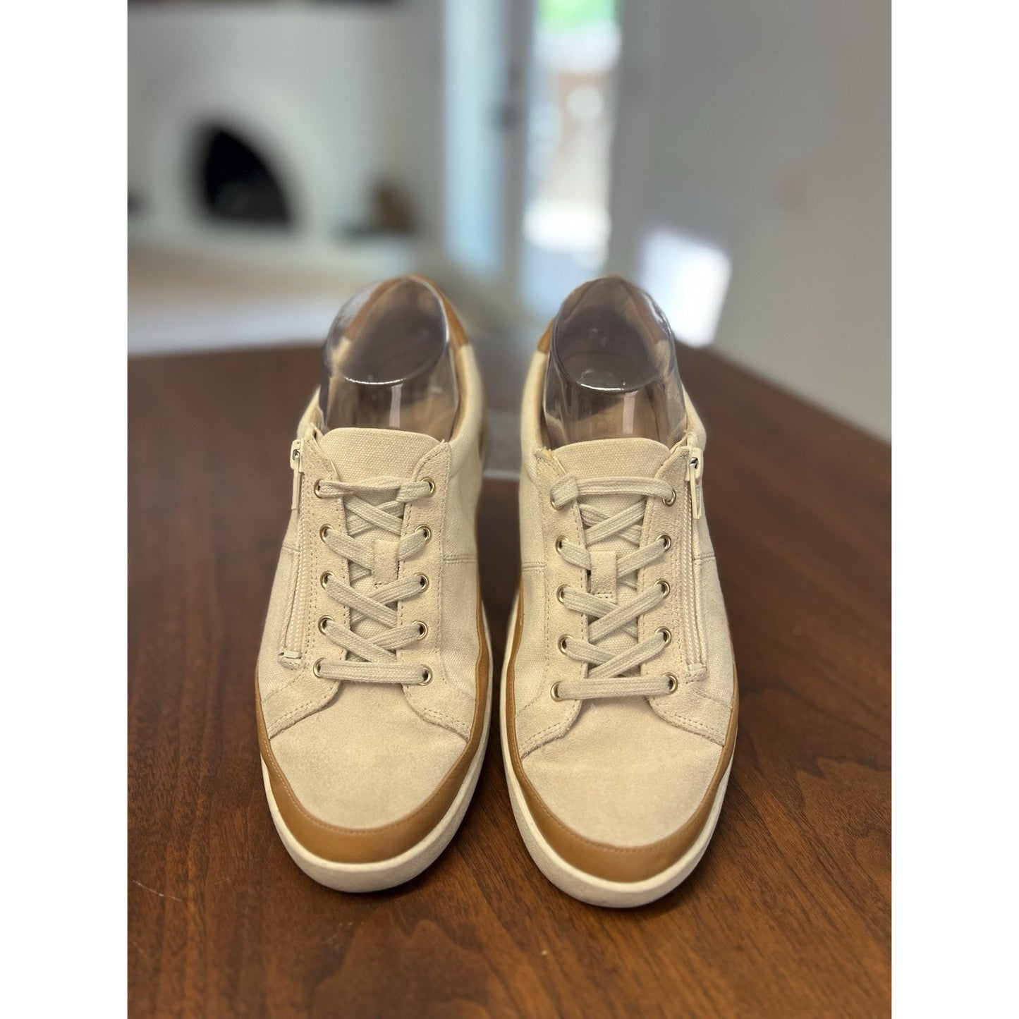 Vionic Essence Mayra Suede & Canvas Crème Tan Side Zipper Sneakers Women’s Sz. 8