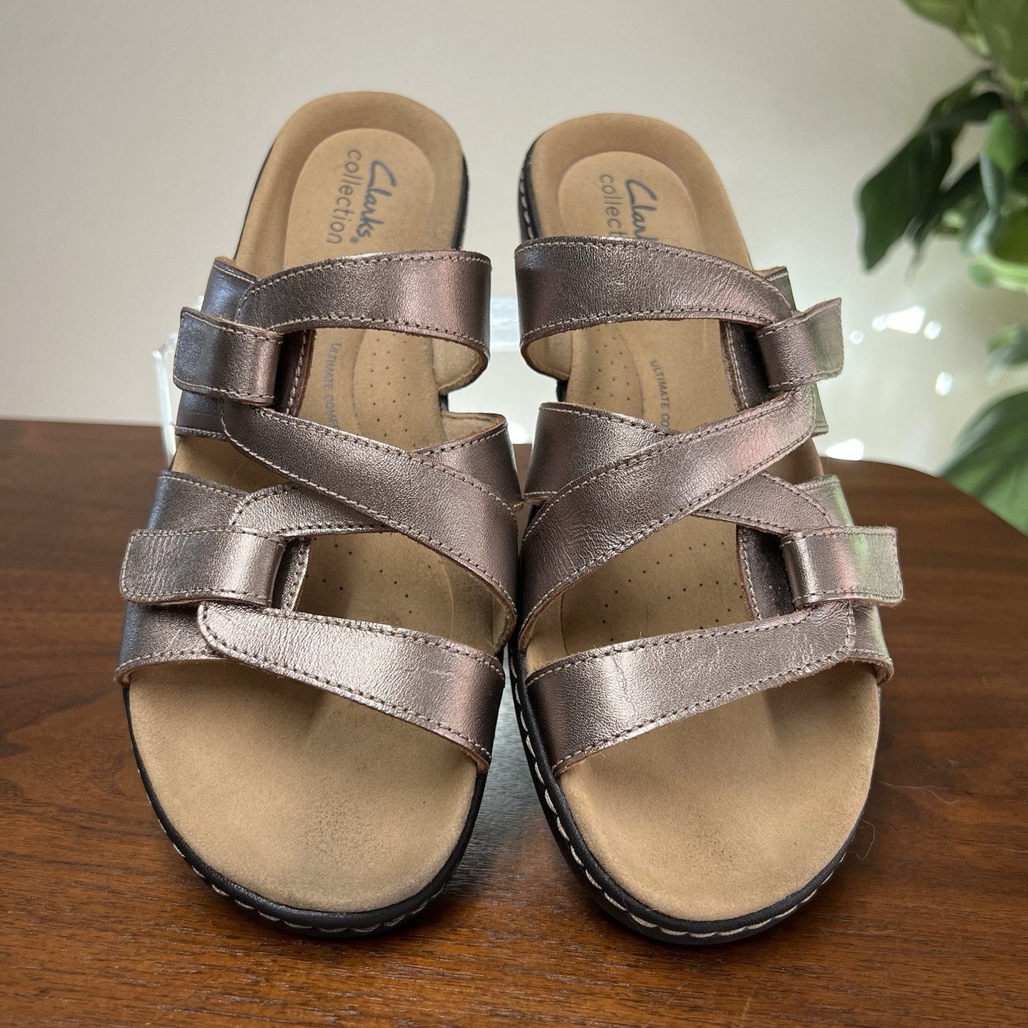 Clarks Merliah Karli Sandal Slides 8.5M Metallic Leather Adjustable Wedge Heel