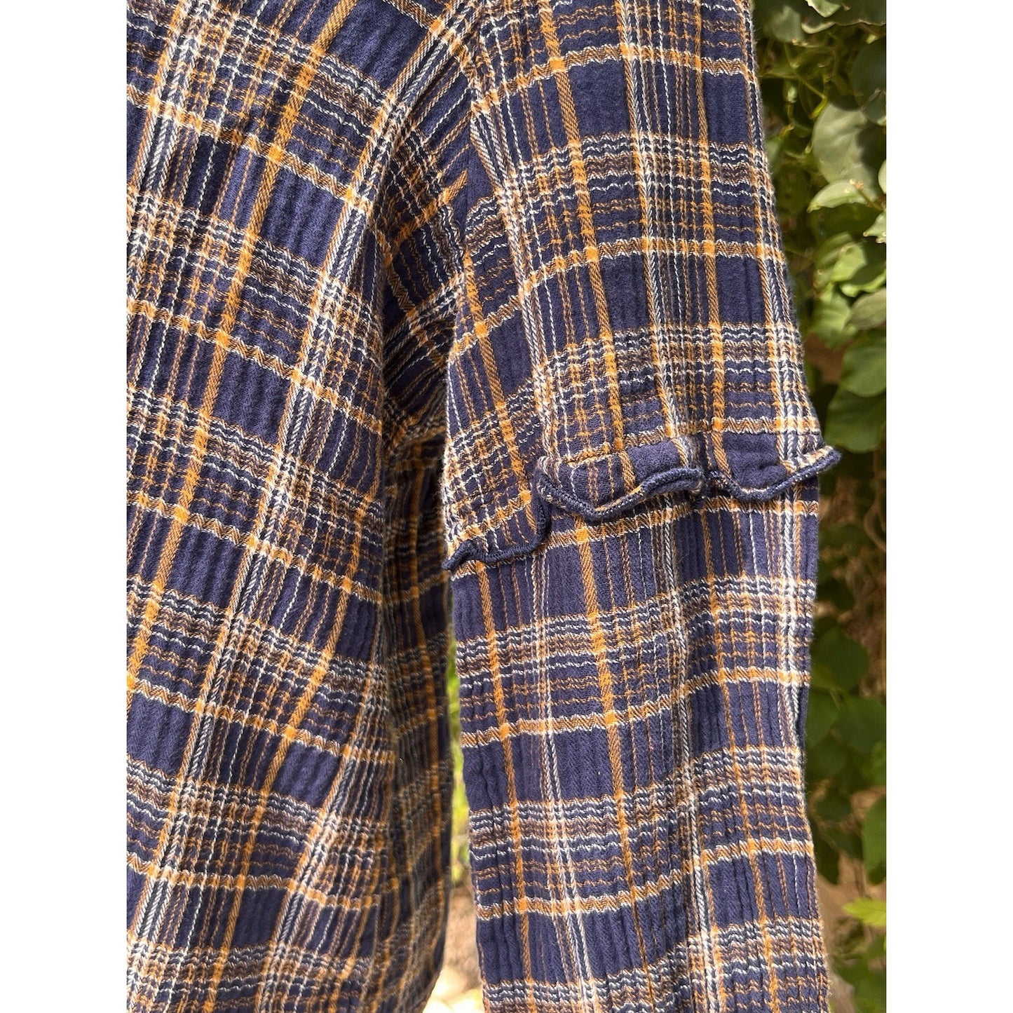 Madewell XXL Plaid V Neck Long Sleeve 100% Cotton Ruffle Blue Brown Top Shirt
