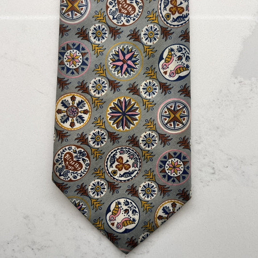 Handmade Tie Folk Vintage Design Birds Grey Pink Unique Whimsical AOP Short