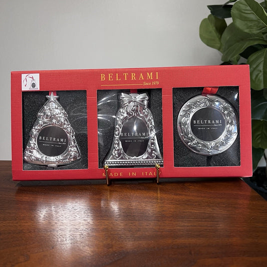 3 x Beltrami Ornaments Silver Photo Picture Frames Christmas Tree Bell Wreath
