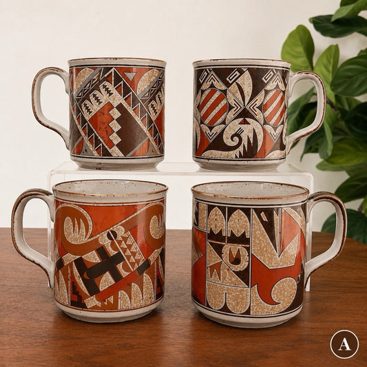 Takahashi Otagiri Stoneware 4 Mugs Tribal Native American Southwestern Geometric