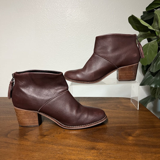 TOMS Leila Leather Ankle Bootie 6.5 Oxblood Burgundy Red Tassel Zip Block Heel