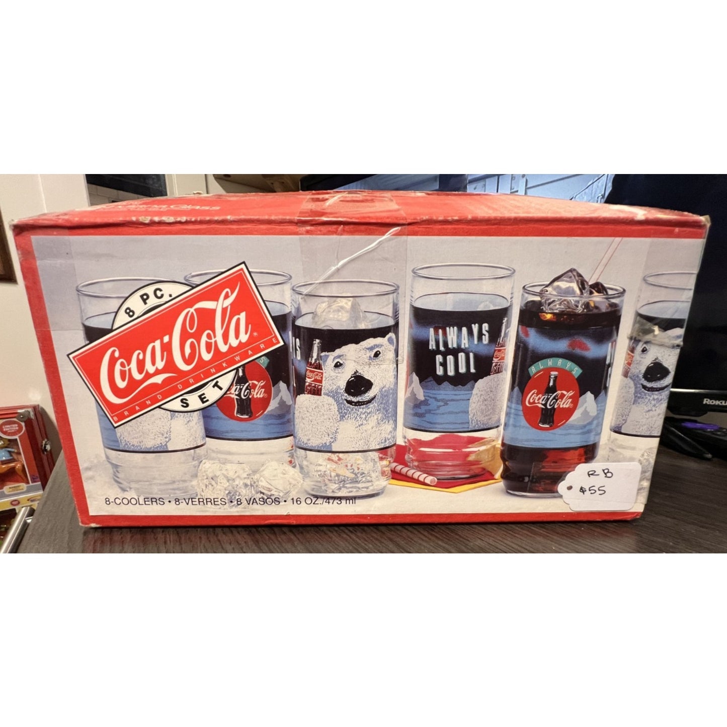 Coca Cola Christmas Polar Bear 16oz 8pc Tumbler Set 1995 Indiana Glass NIOB
