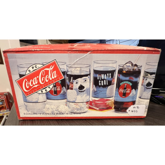 Coca Cola Christmas Polar Bear 16oz 8pc Tumbler Set 1995 Indiana Glass NIOB