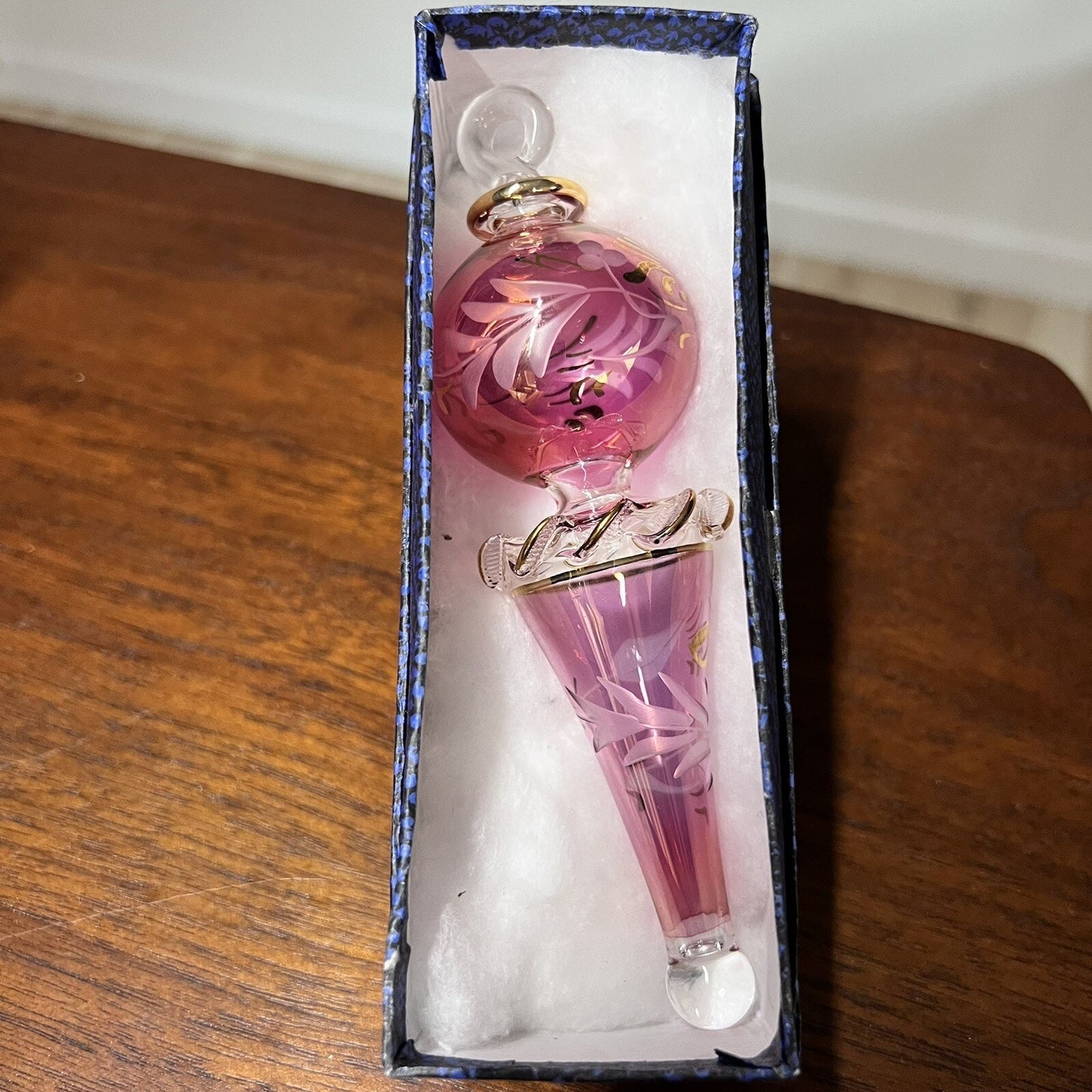 Vtg Blown Glass Etched Hand Painted Egypt Pink Gold Teardrop Christmas Ornament