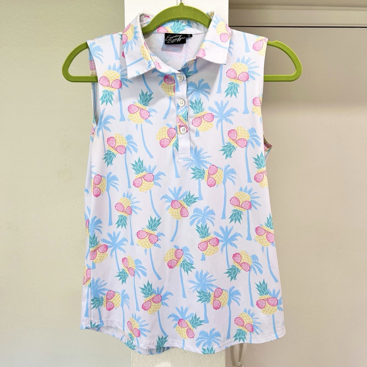 Sunday Swagger Women (S) Sleeveless Polo Shady Pineapple Novelty Funny UPF Golf