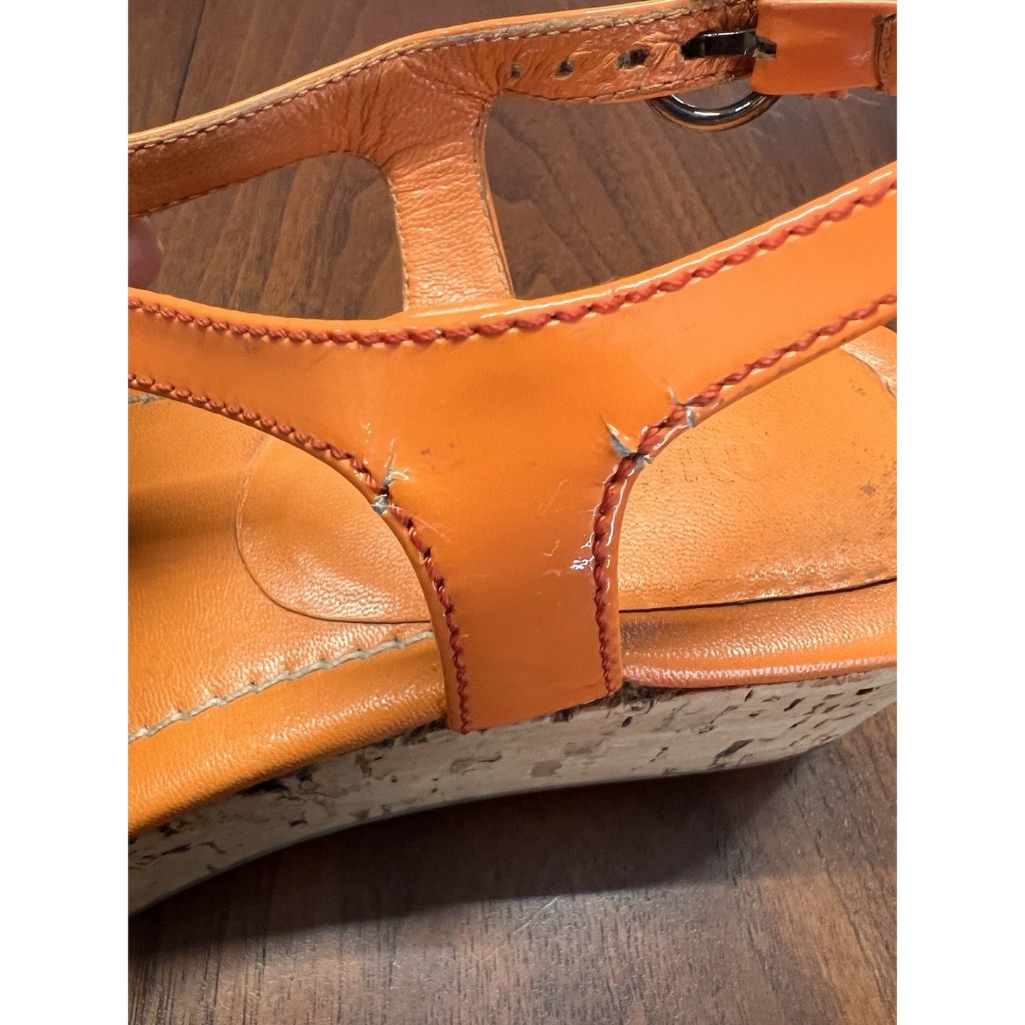 Miu Miu Orange / Teal 2” (aprx) Cork Wedge Women’s Size 5.5 Ankle Buckle Sandal
