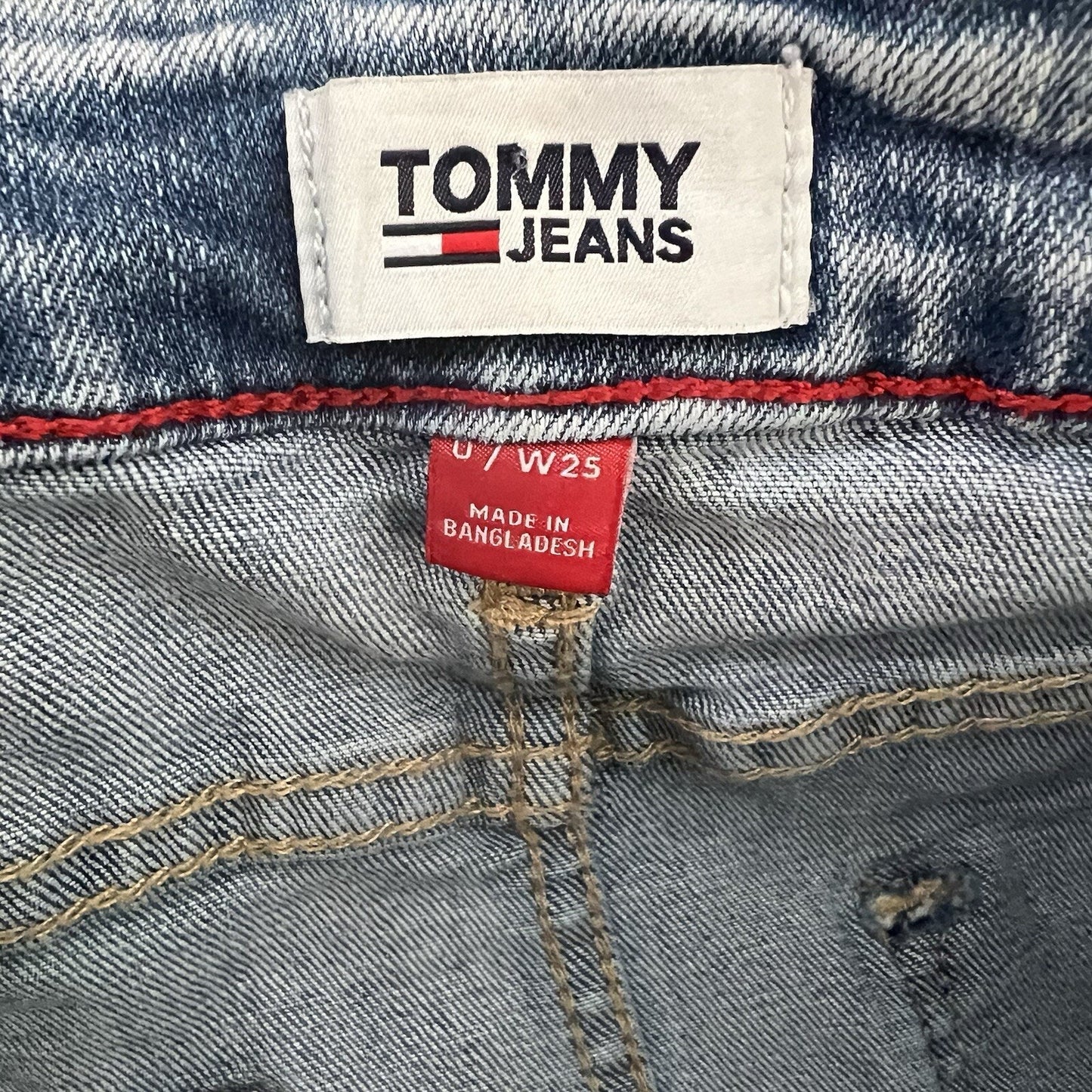 Tommy Jeans Distressed Cutoff Denim Miniskirt Size 0/25 Hilfiger Logo Y2K Vibes