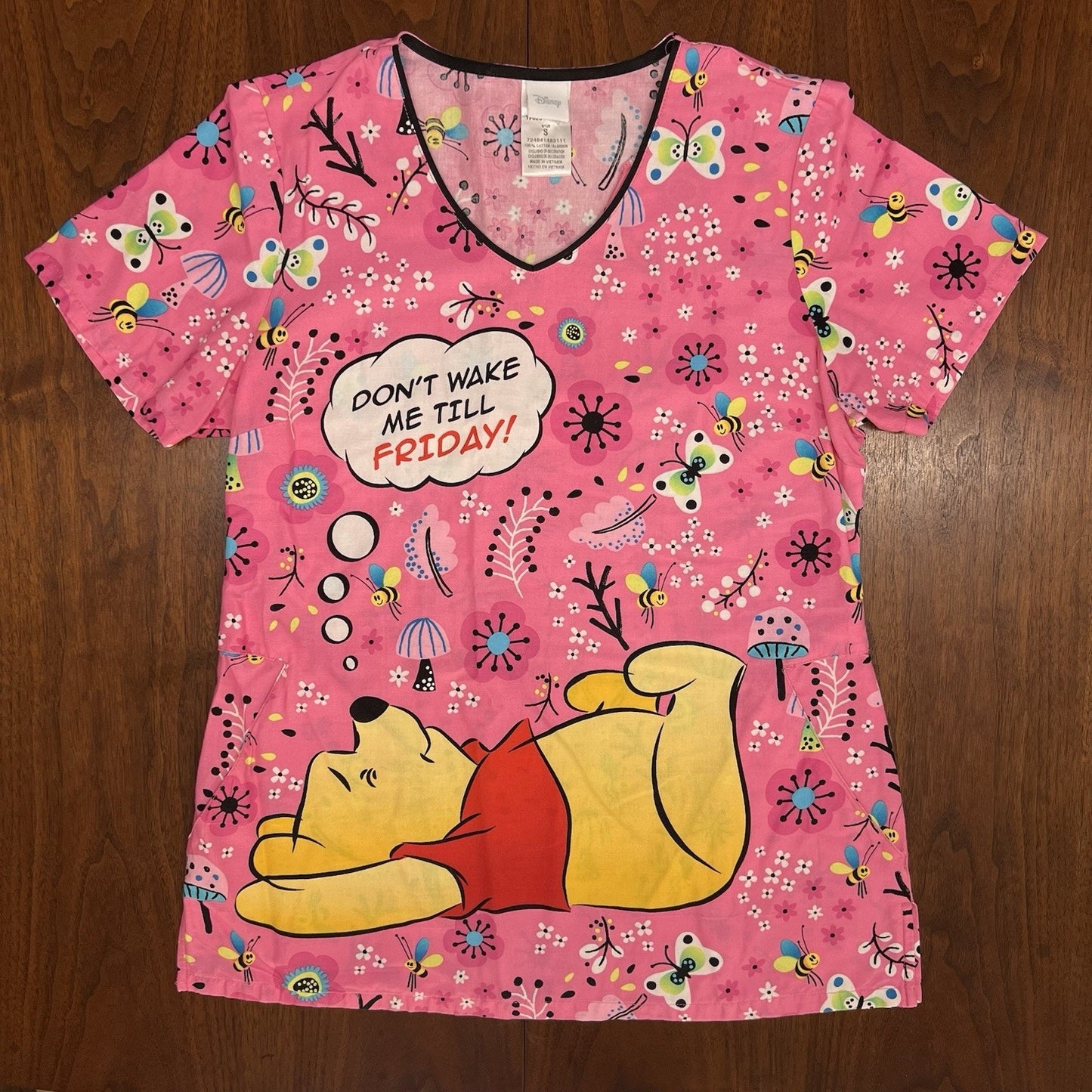 Lot Set of 4 Disney Scrub Tops Winnie the Pooh Eeyore (S) Cotton Pockets AOP