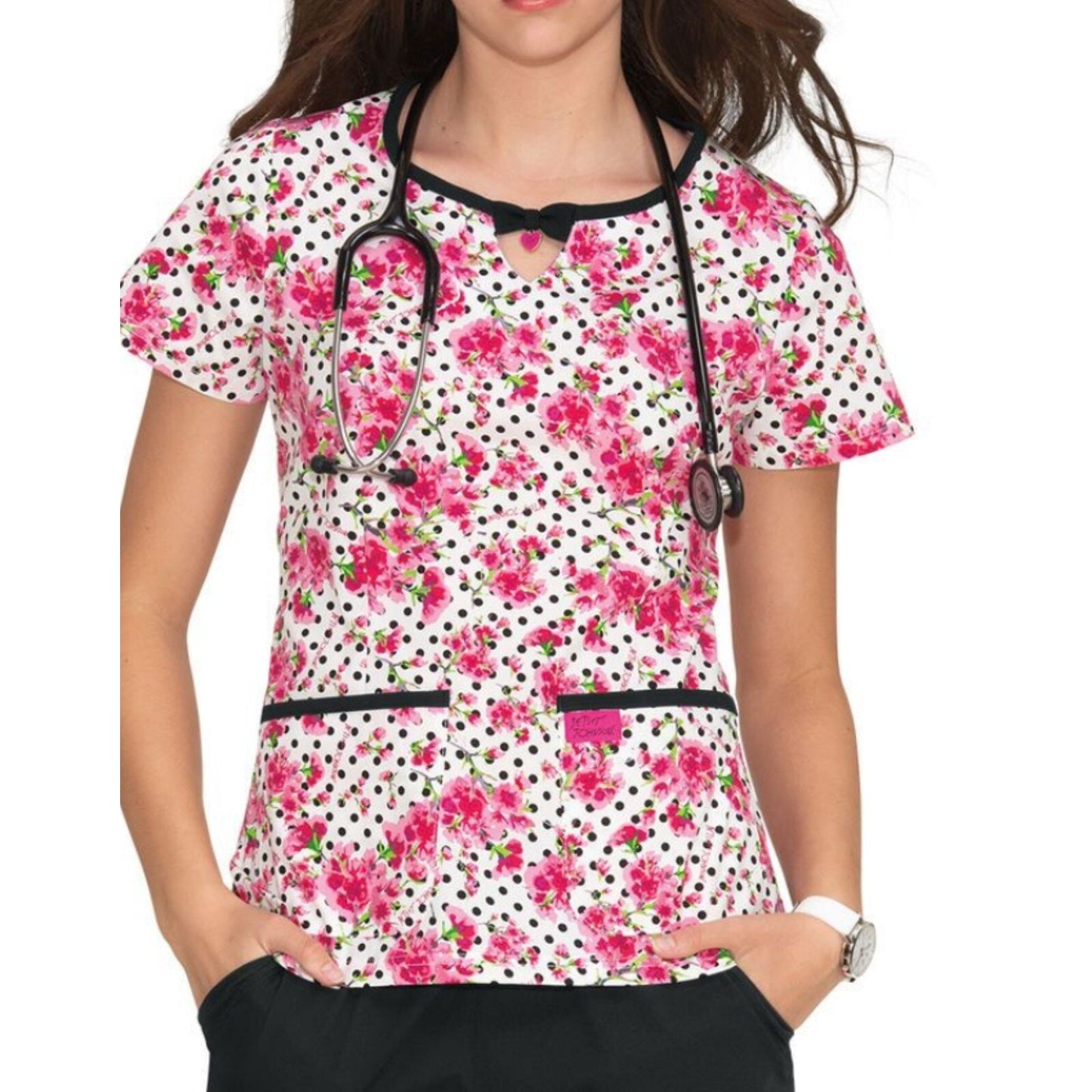 Set Of Two XS Betsey Johnson Scrub Top Black White Pink Hearts Floral AOP
