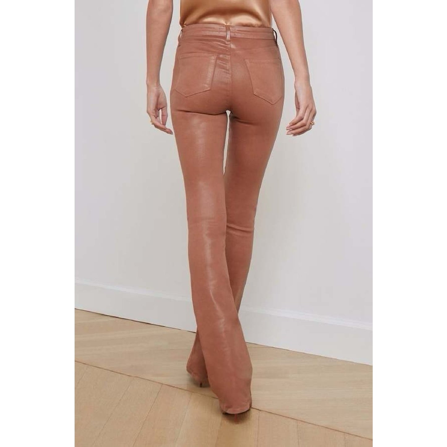 L’Agence (25) Selma High Rise Baby Bootcut Coated Pants Fawn Leather Look Brown