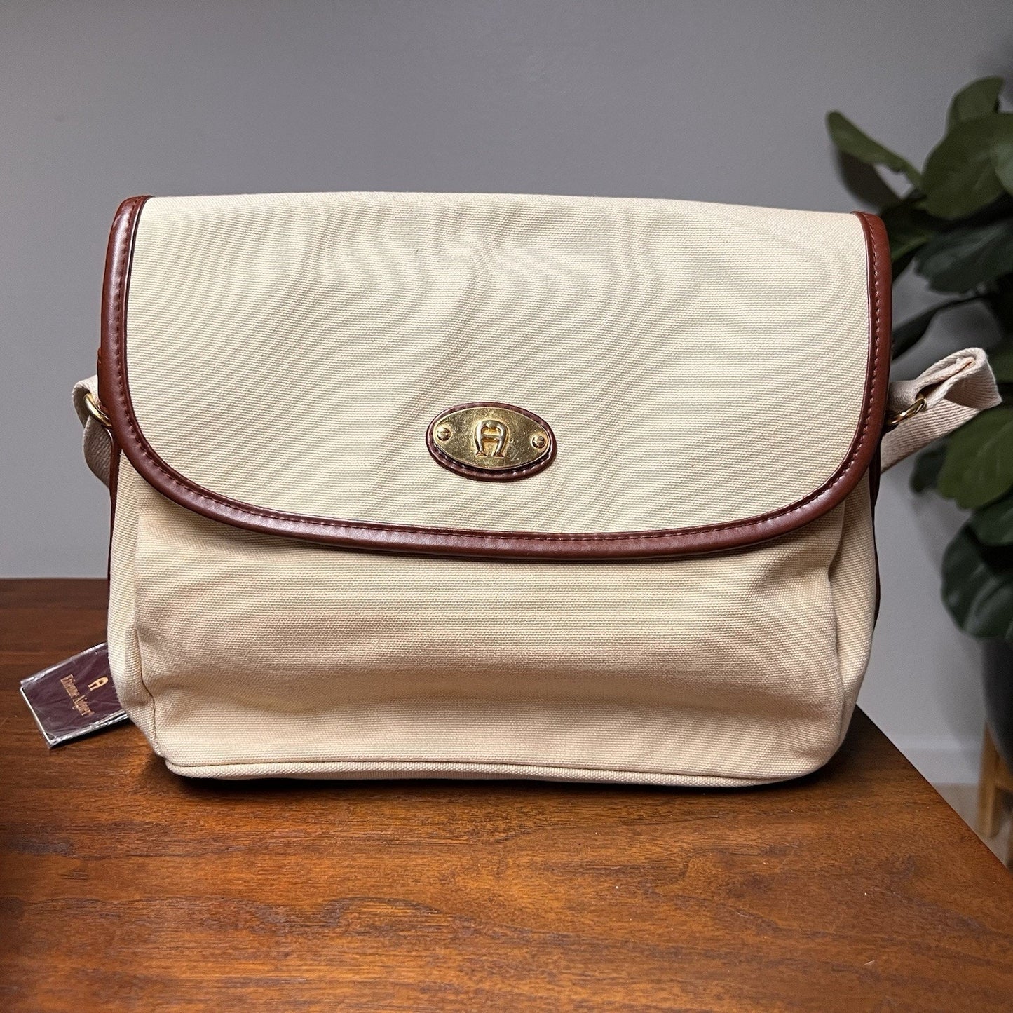 NWT Etienne Aigner Canvas Shoulder Bag Purse Tan Brown Leather Gold 9x10 Casual