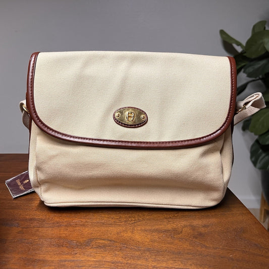 NWT Etienne Aigner Canvas Shoulder Bag Purse Tan Brown Leather Gold 9x10 Casual