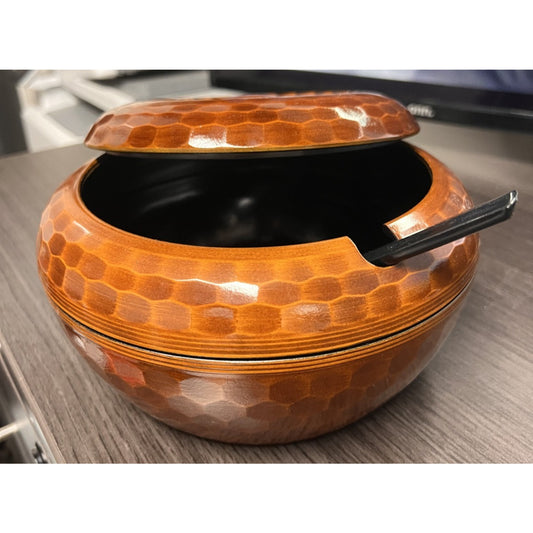 Vtg JAPANESE OHITSU RICE BOWL FAUX HONEYCOMB PATTERN WOOD LACQUER LIDDED W/SPOON