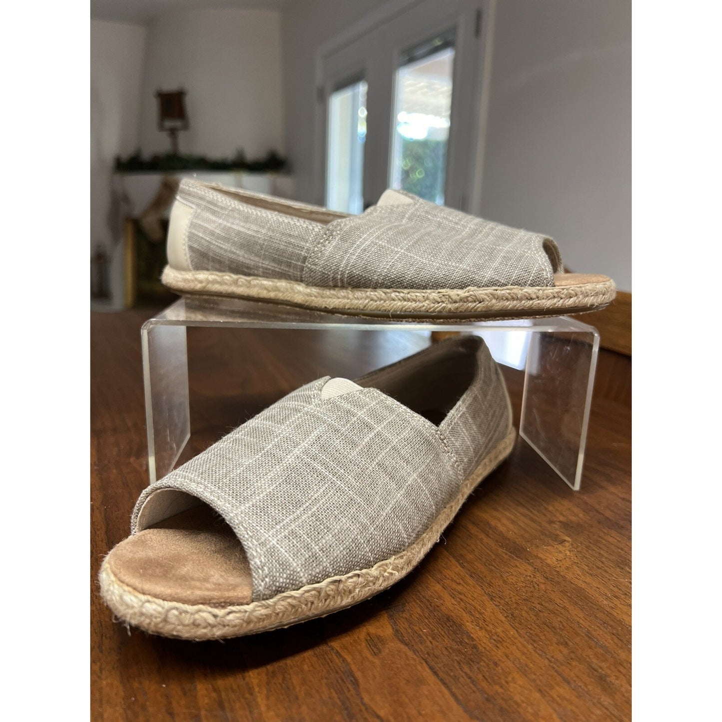 TOM'S Alpargata Beige Open Toe Flats Jute Espadrille Shoes Women's Size 8W
