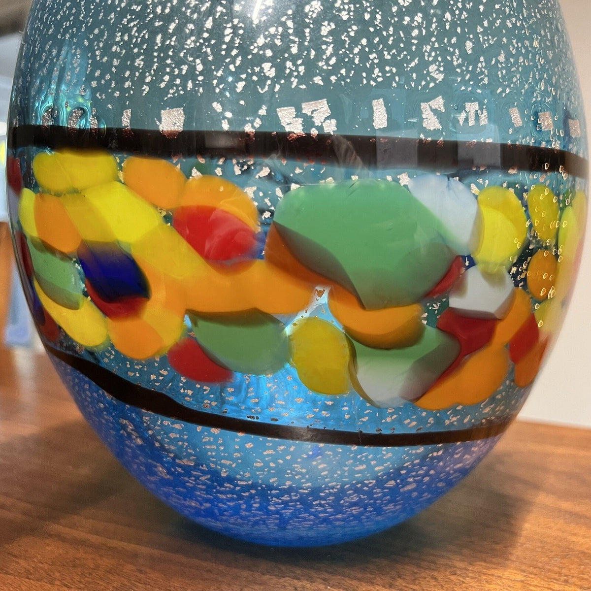 Authentic Murano Vase 13” Blue Incalmo Murrine Silver Sommerso Aventurina Label