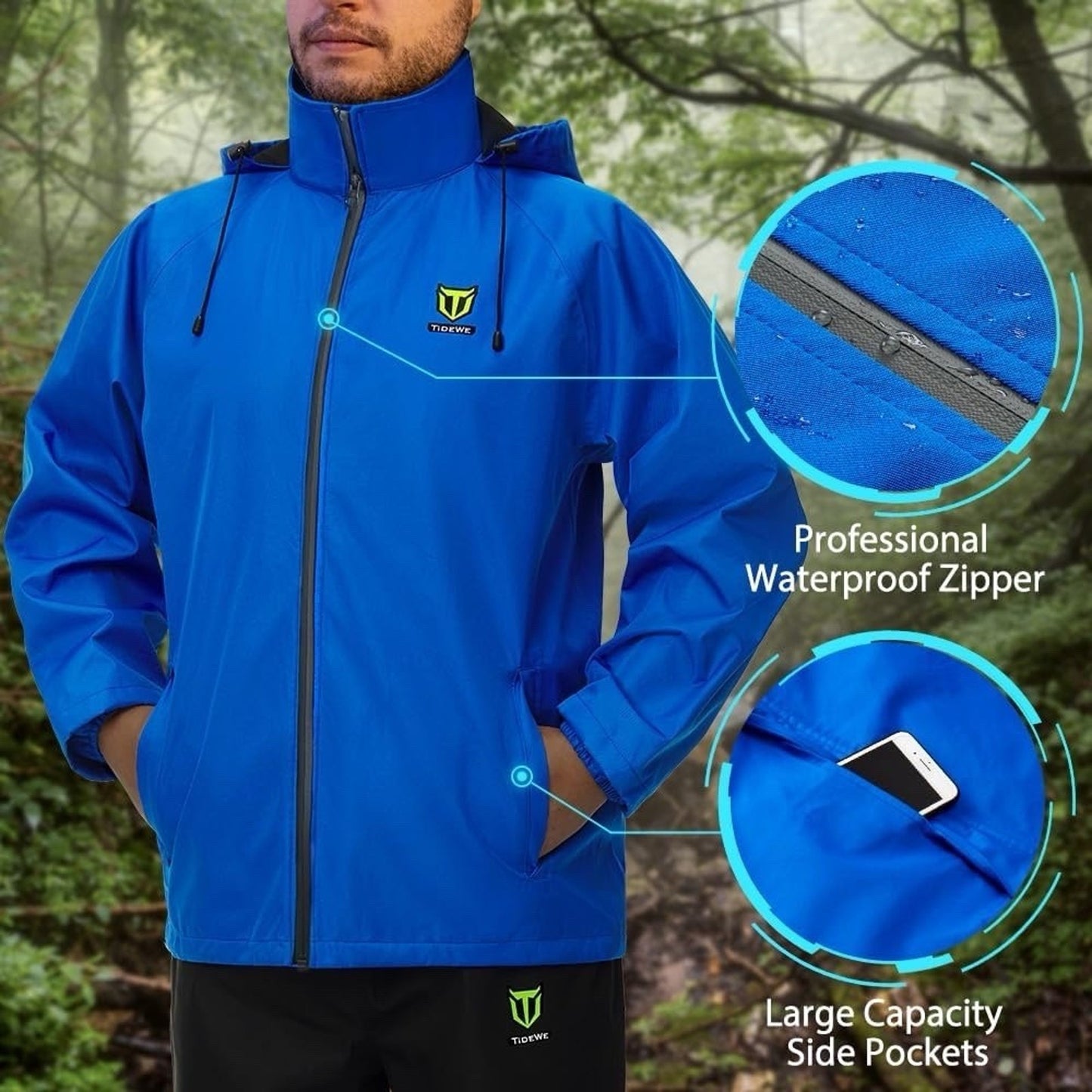 TideWe Rain Jacket Blue (M) Waterproof Anti-tear Concealed Hood Lightweight