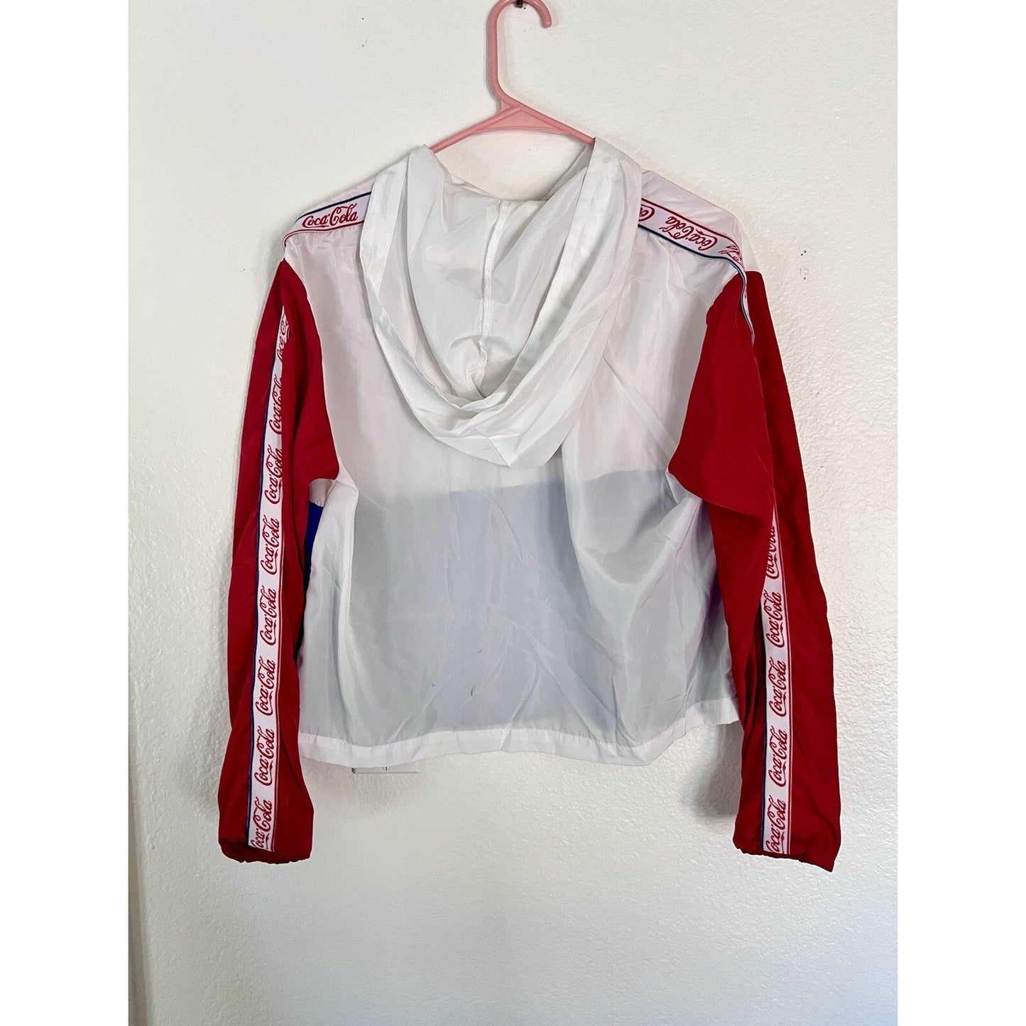 Retro M Coca Cola Windbreaker Jacket Women Hood Half Zip Pullover Light Coke