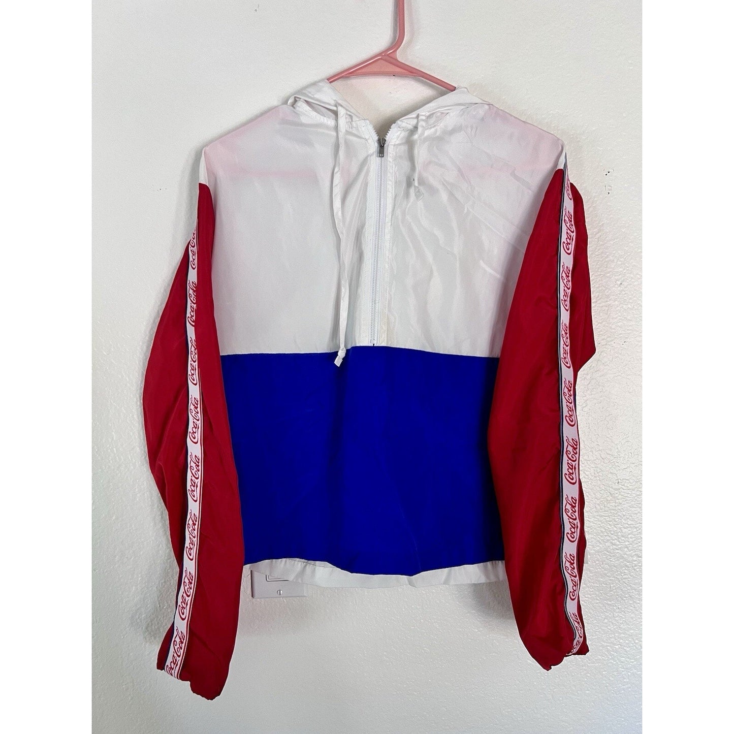 Retro M Coca Cola Windbreaker Jacket Women Hood Half Zip Pullover Light Coke