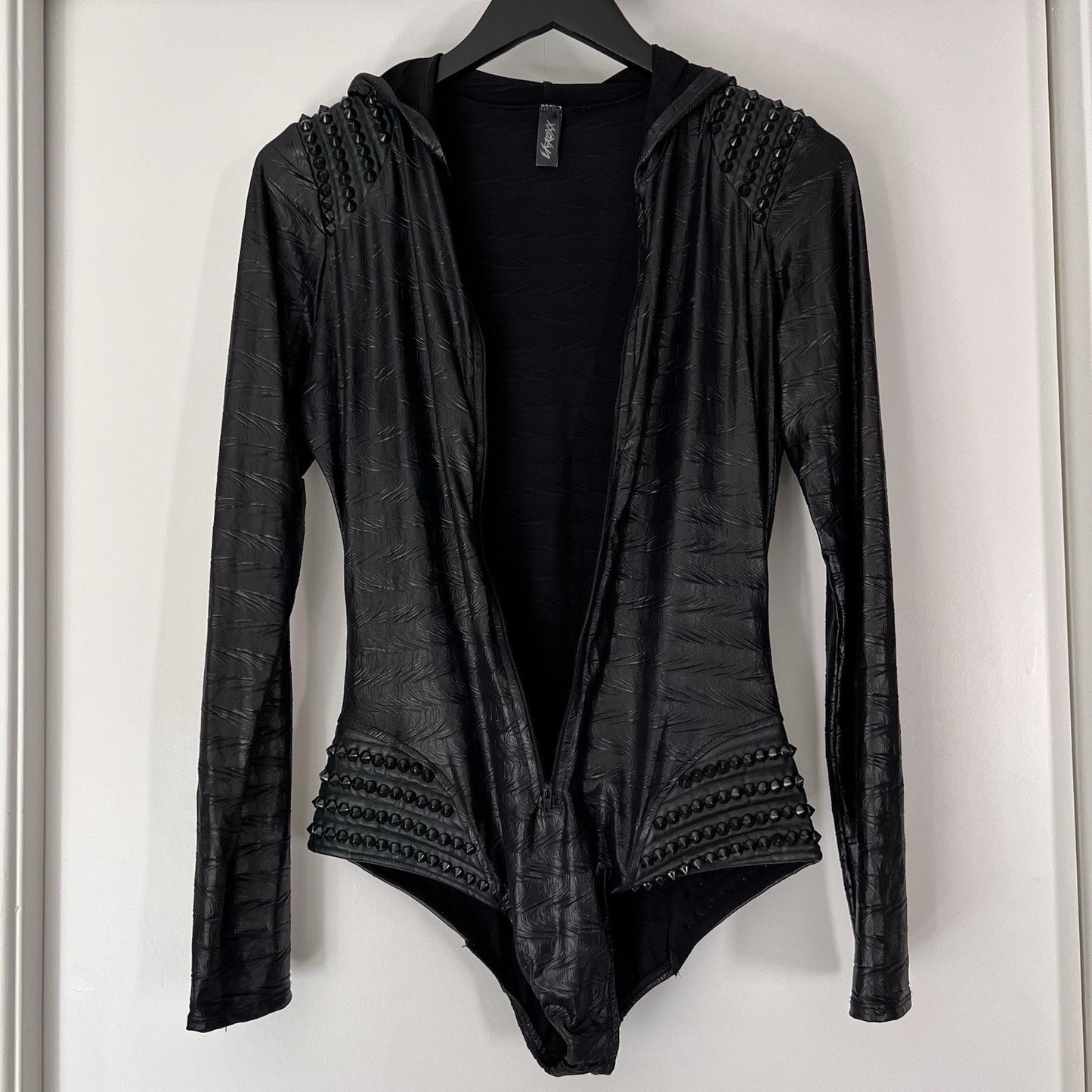 L.A. Roxx S/M Bodysuit Faux Black Leather Spike Studs Zip Up Hood Long Sleeve