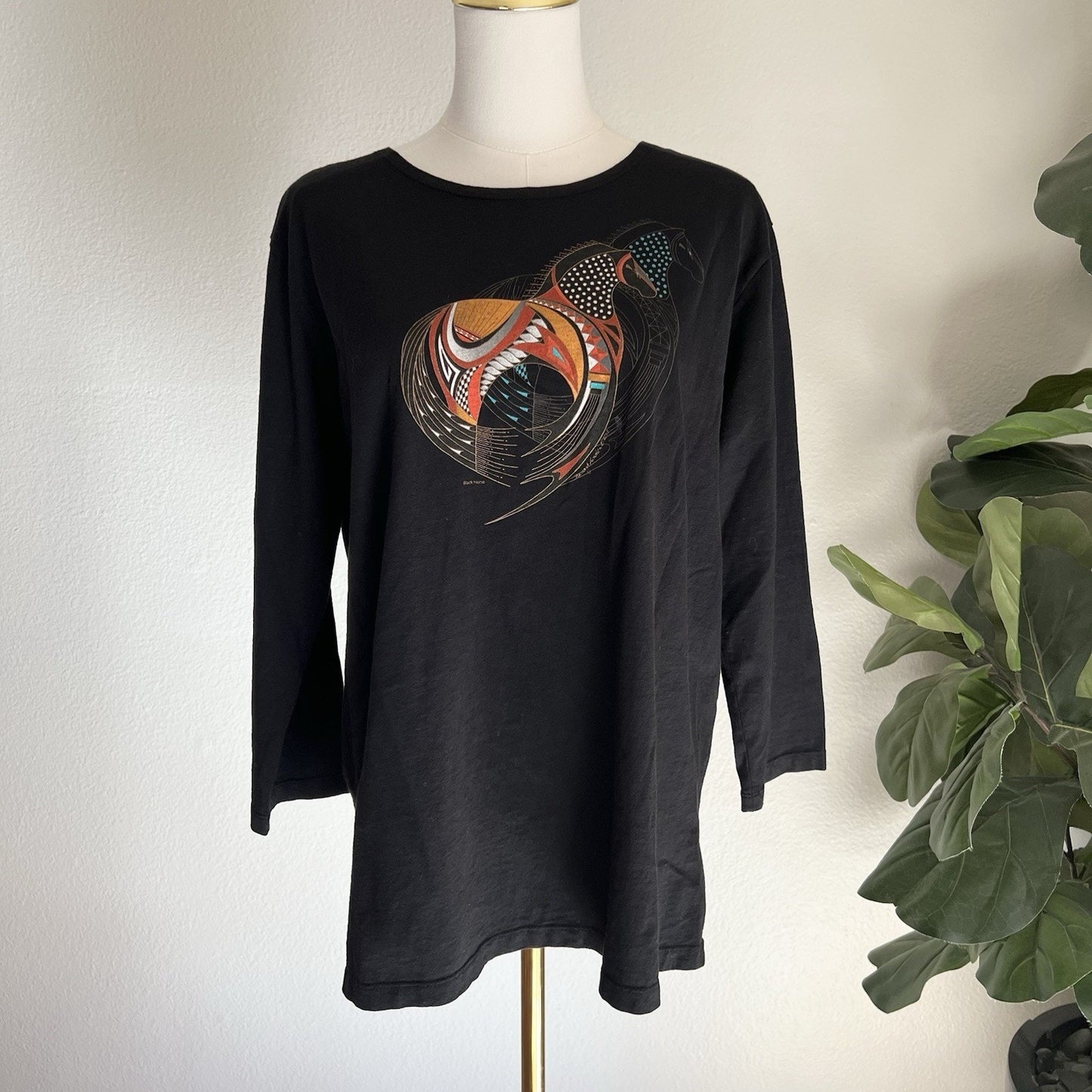 Sabaku Artwear Top 3/4 Long Sleeve Black Horse (S) Southwestern Native Santa Fe