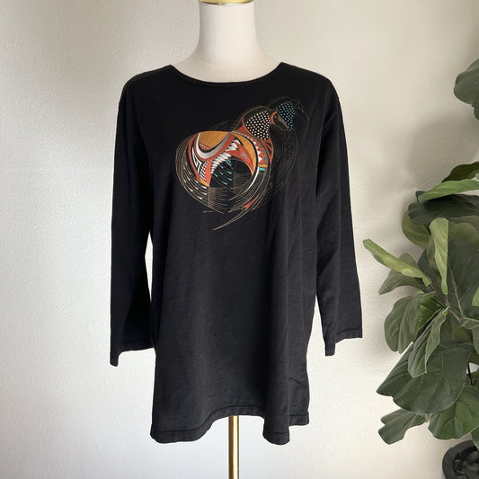Sabaku Artwear Top 3/4 Long Sleeve Black Horse (S) Southwestern Native Santa Fe