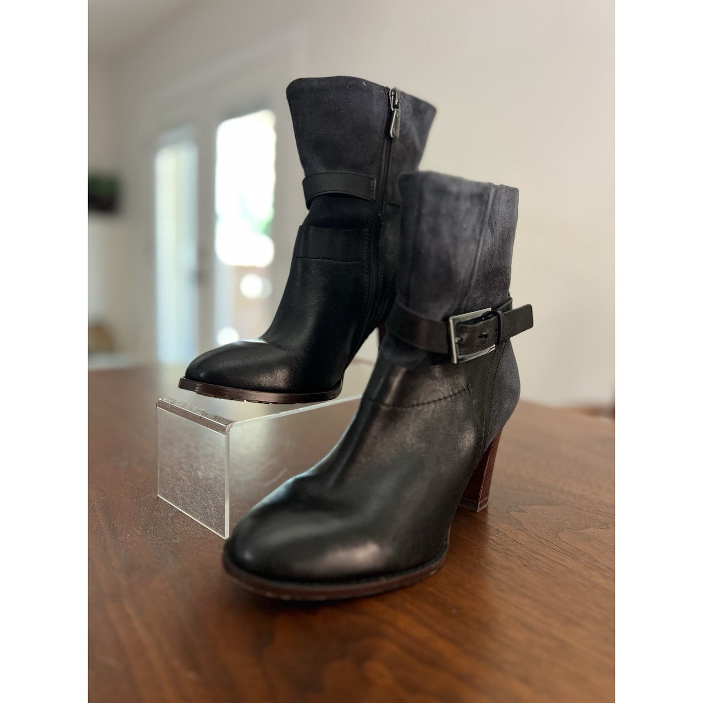 Clarks Kacia Garnet Black Suede and Leather Bootie With Buckle Detail. Size 5M
