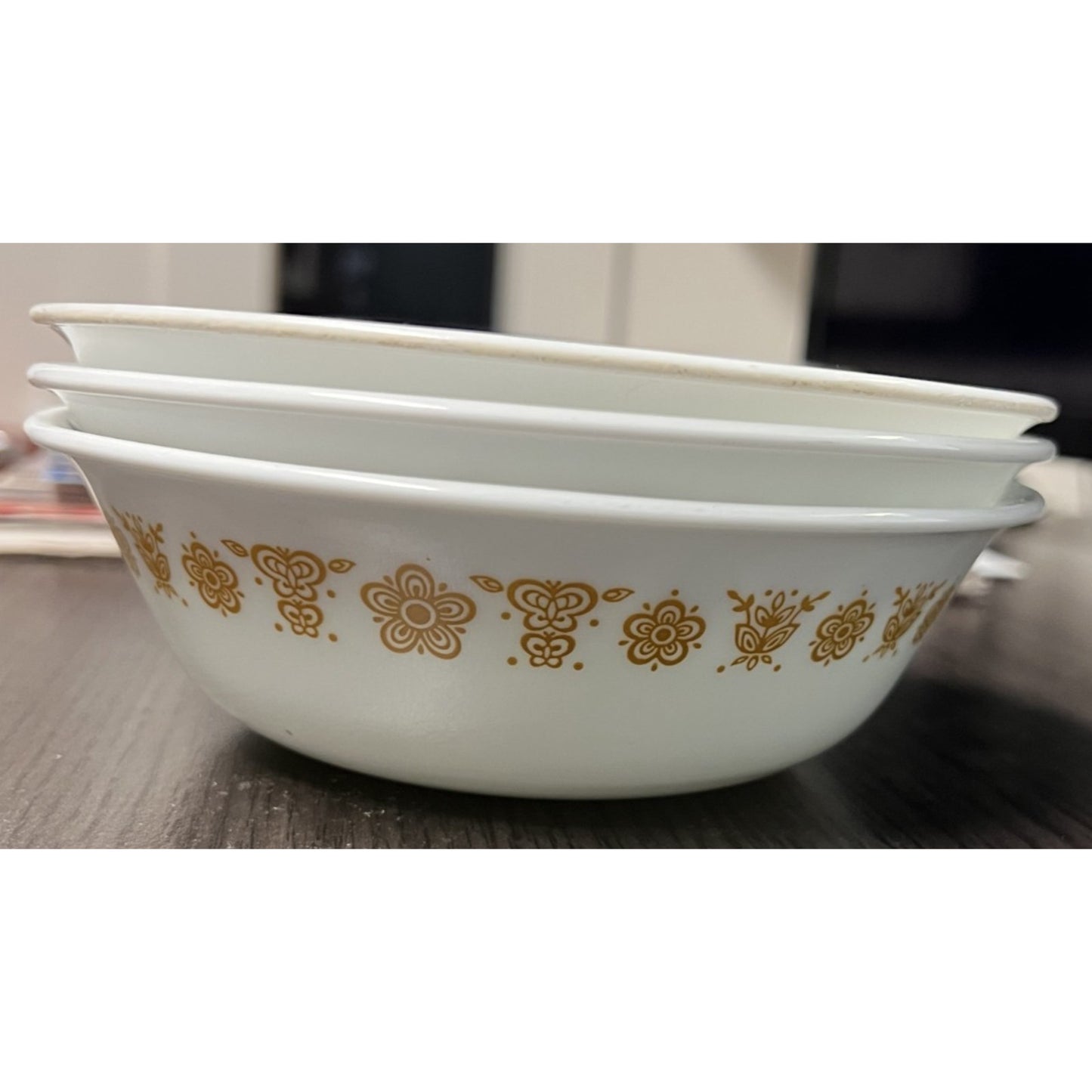 Vtg 1970s Corelle Corning BUTTERFLY GOLD Set of 3 Soup Cereal Bowls White 6-1/4"